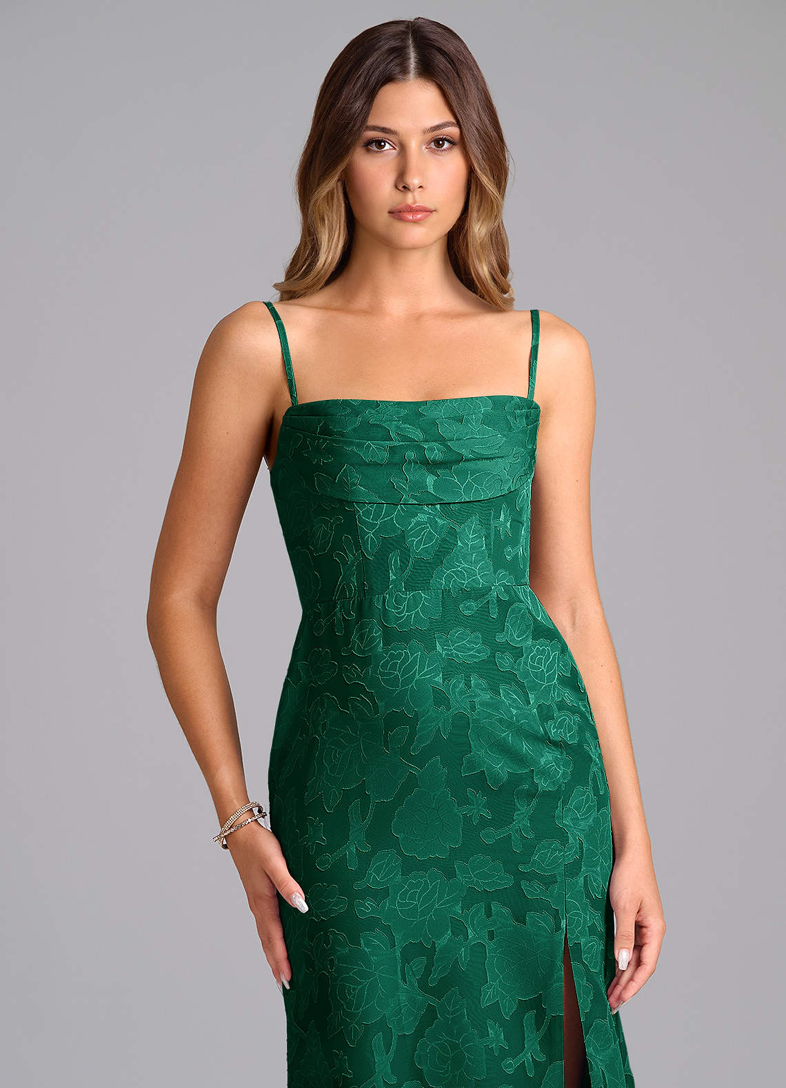 Azazie Saige Bridesmaid Dresses Emerald A-Line Off the Shoulder Floral Burnout Convertible Dress image1