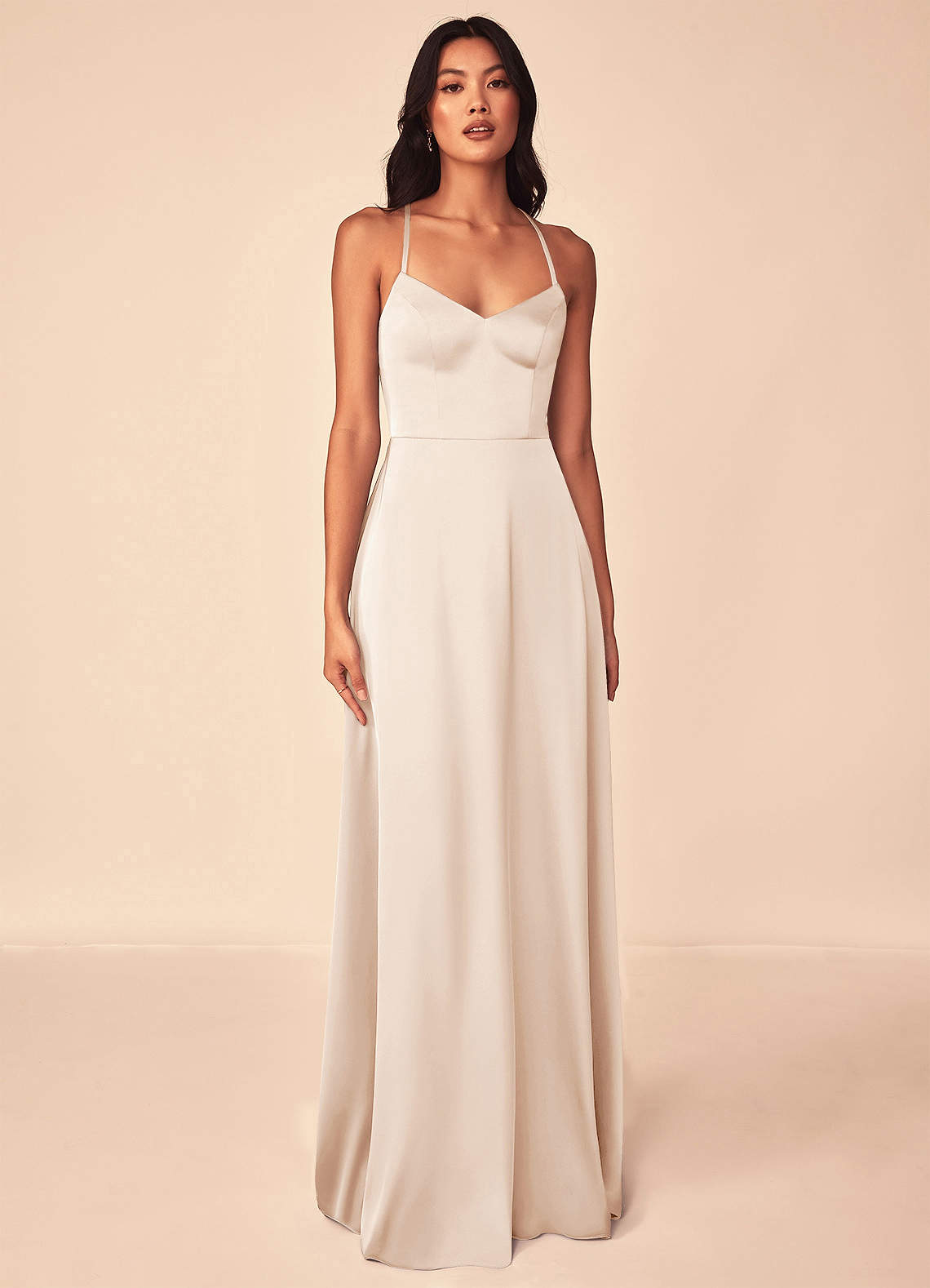 Azazie Mei Vestidos de damas de honor Vestido de Alabastro Blanco de Satén Elástico de Corte en A con Cuello en V image1