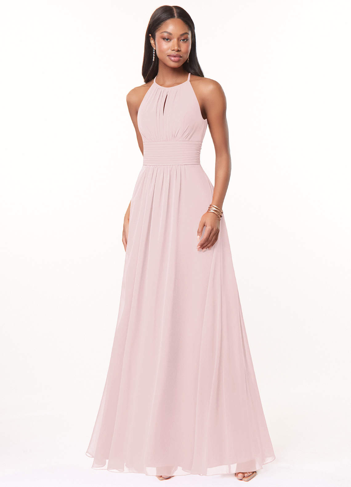 Azazie Bonnie Robes de demoiselle d'honneur Robe Trapèze en Mousseline de soie Trou de serrure froncé Rose Pâle image1