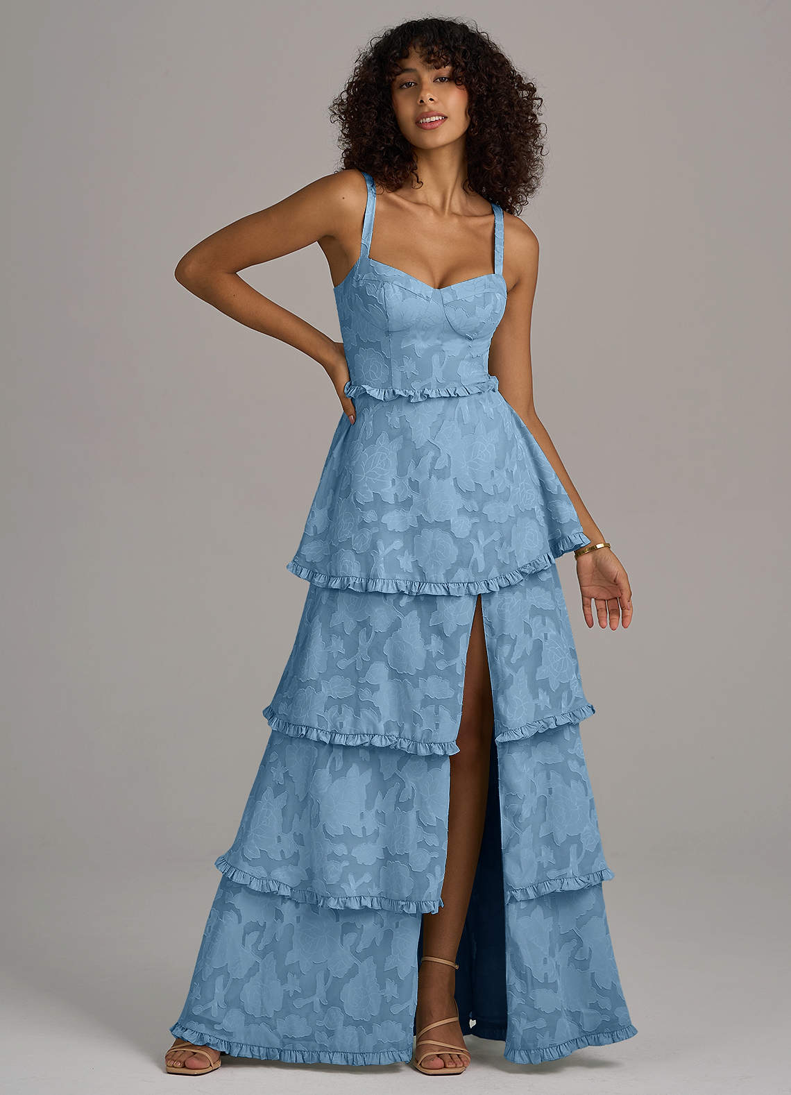 Azazie Romie Ready to Ship Steel Blue Floral Burnout Bridesmaid