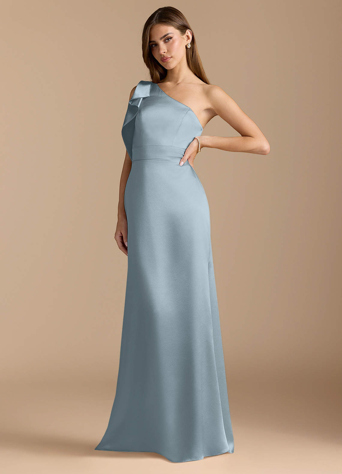 silver blue bridesmaid dresses KissProm Cowl Neck Sheath Chiffon Dress with Ribbon in Dusty Blue, Dusty / 12 Hips 93cm Azazie Brookelle
