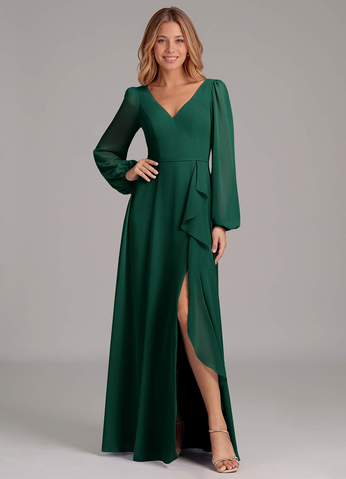 Azazie Simone Robes de demoiselle d'honneur Robe Trapèze en Mousseline de soie Manche longue émeraude image1