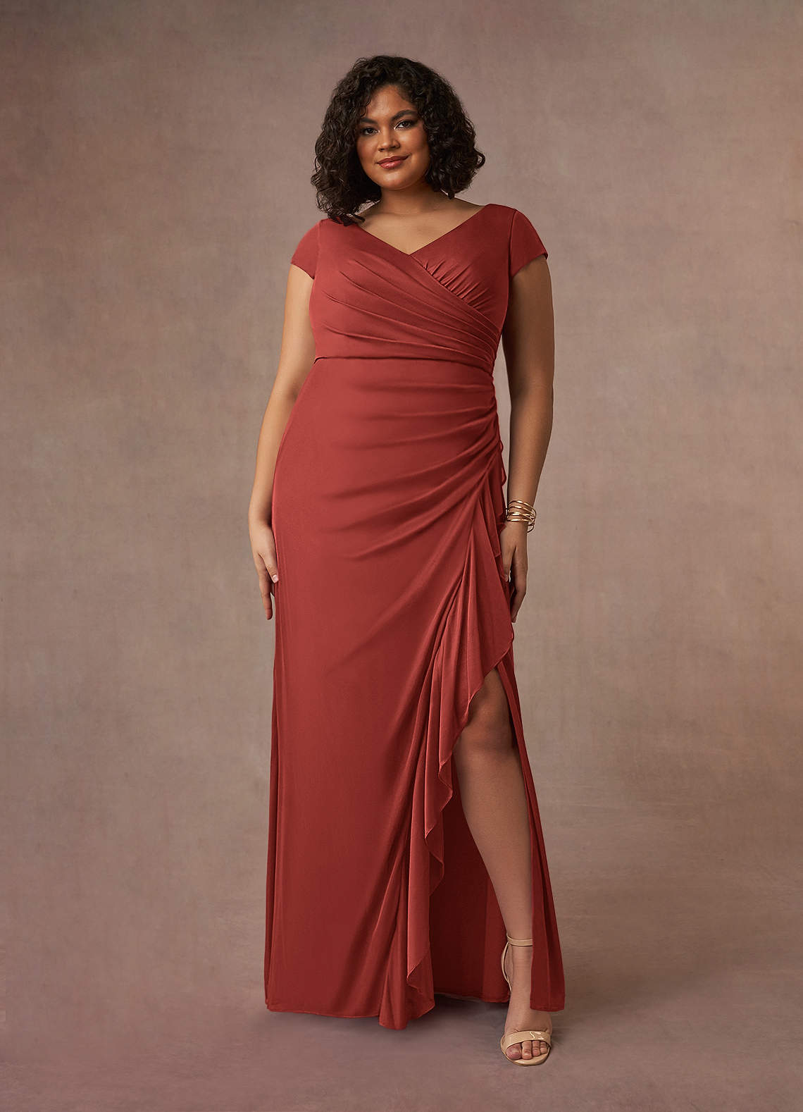 Azazie Roya Abiti per la Madre della Sposa Abito Sirena in Maglia con Scollo a V a Pieghe Terracotta image1