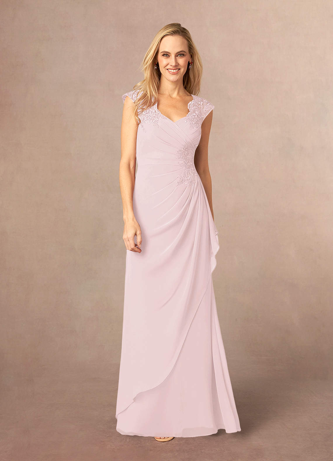 Azazie Gladys Blushing Pink A-Line Queen Anne Lace Chiffon Dress | Azazie Azazie Gladys Blushing Pink A-Line Queen Anne Lace Chiffon Dress | Azazie