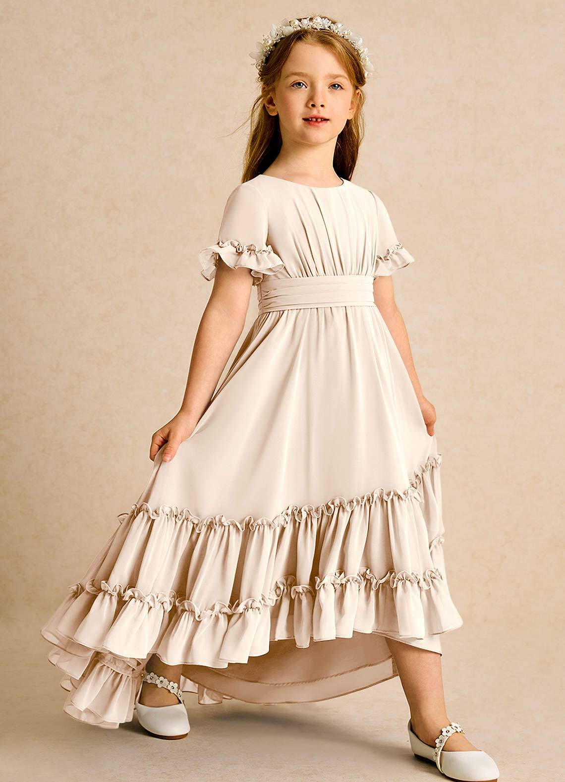 Azazie Kass Flower Girl Dresses White Alabaster A-Line Pleated Chiffon Dress image1