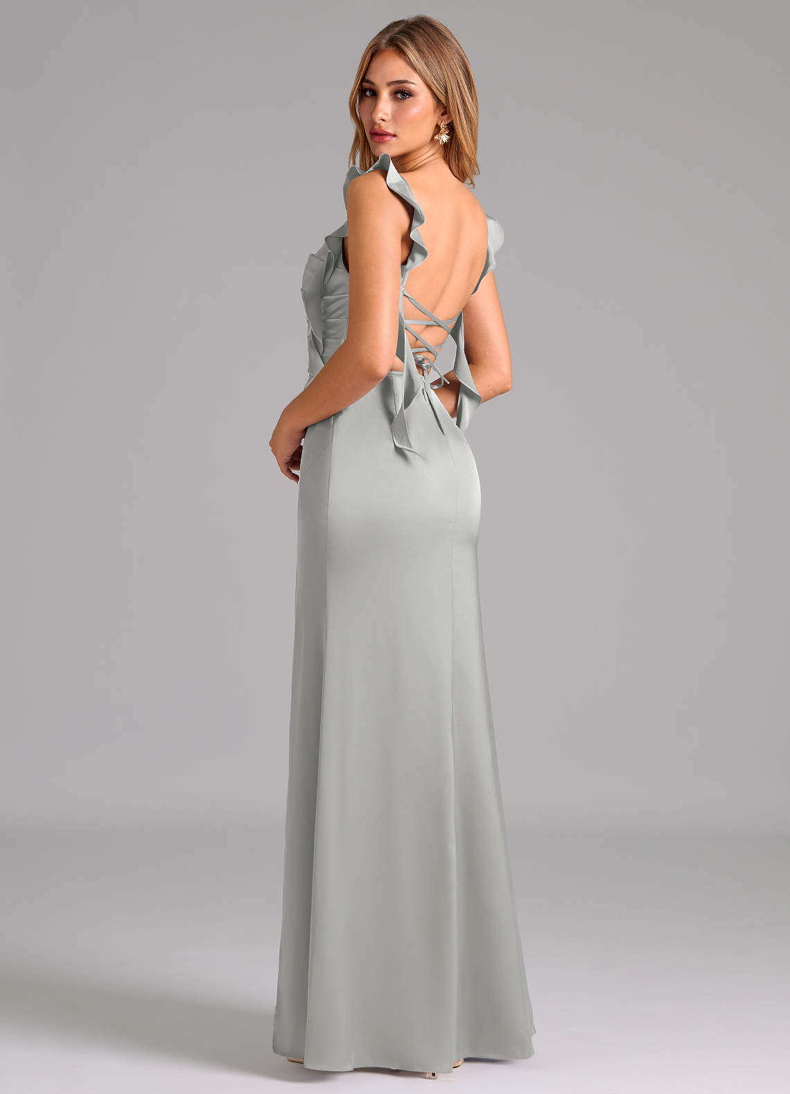 Azazie Jessamine Bridesmaid Dresses Silver Sheath Corset Stretch Satin Dress image1
