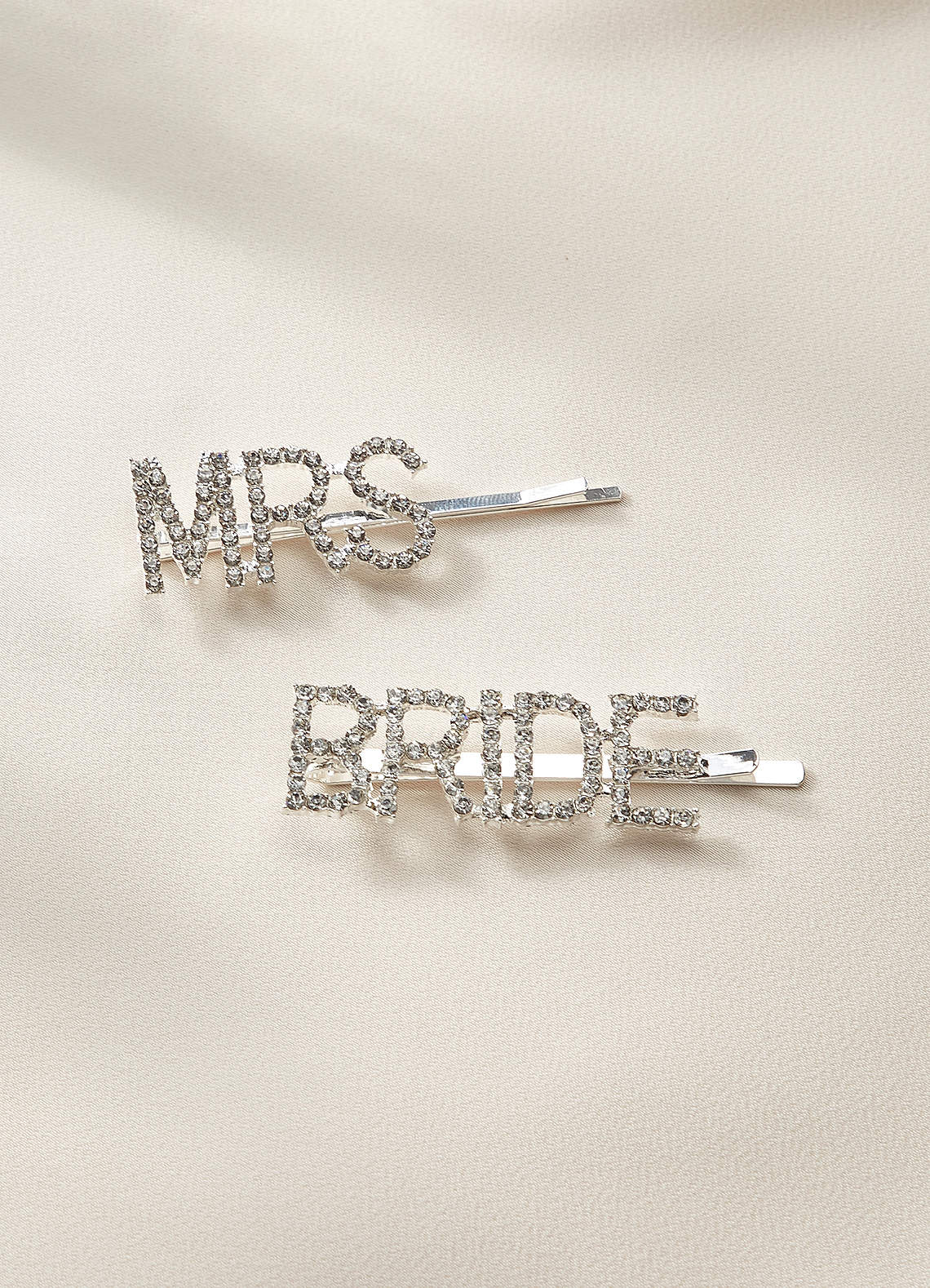 front Pavé Crystal "Bride" & "Mrs" Hair Clip Set