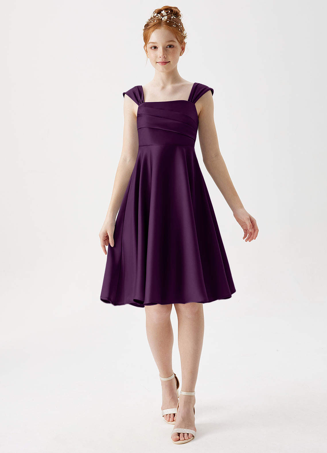 Azazie Amira Junior A-Linie Plissee Stretch-Satin Kleid Traube image1