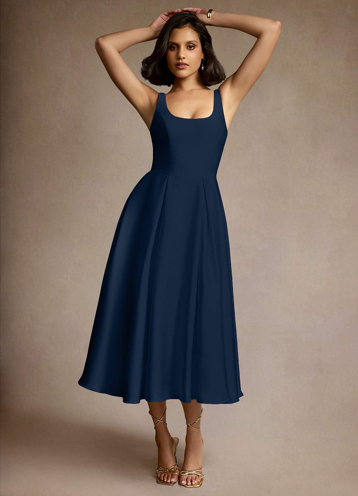 Mariea Navy Pleated Midi Dress Ready to Ship | Azazie CA
