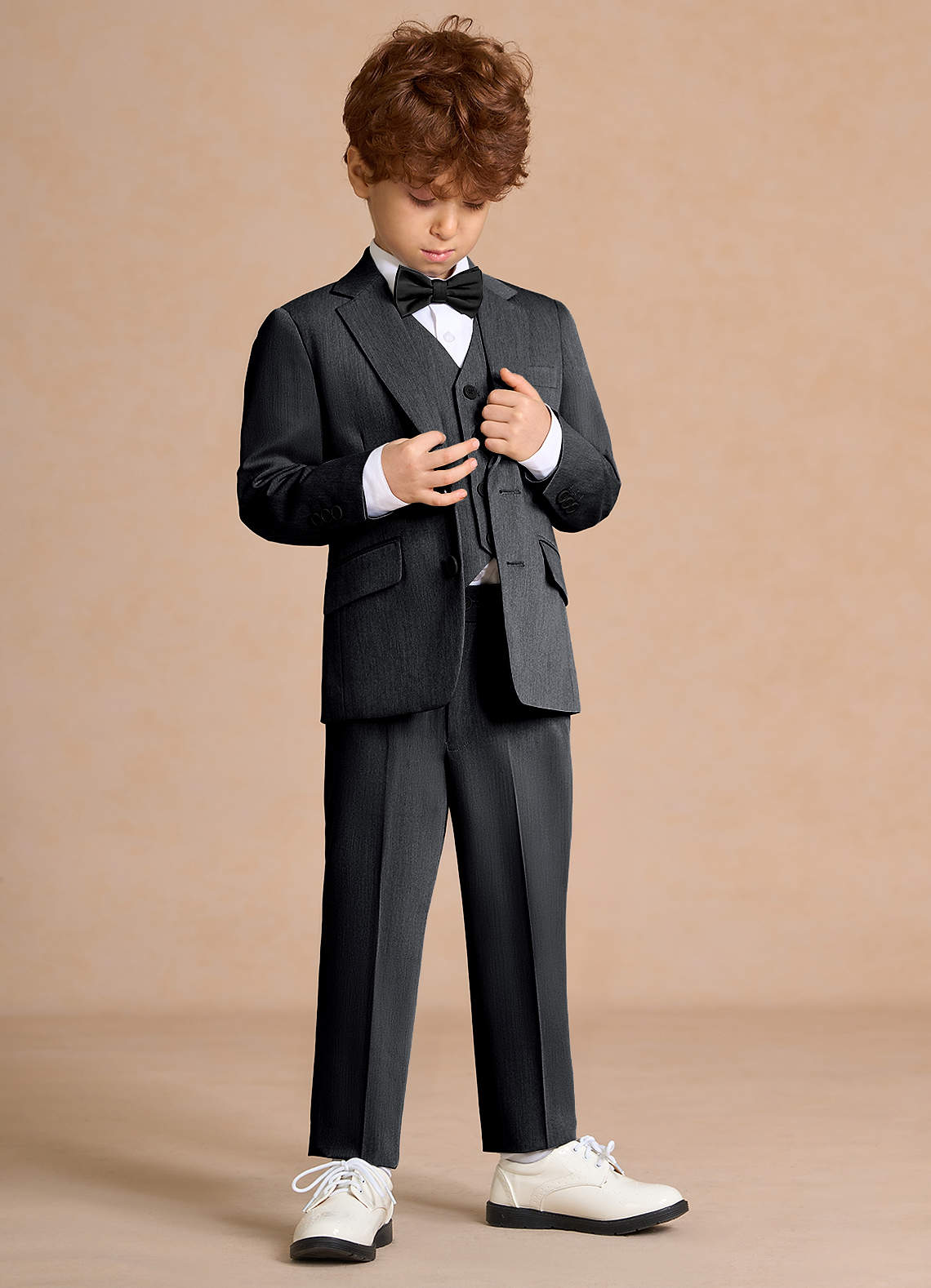 front Oliver Charcoal Boys 5-Piece Suit With Bow Tie
