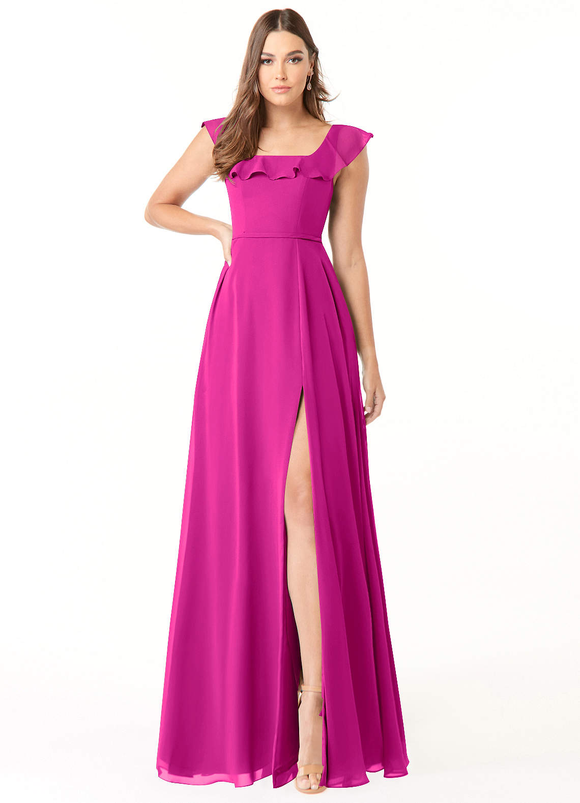 Azazie Jinny Robes de demoiselle d'honneur Robe Trapèze en Mousseline de soie Encolure carrée froncée Fuchsia image1