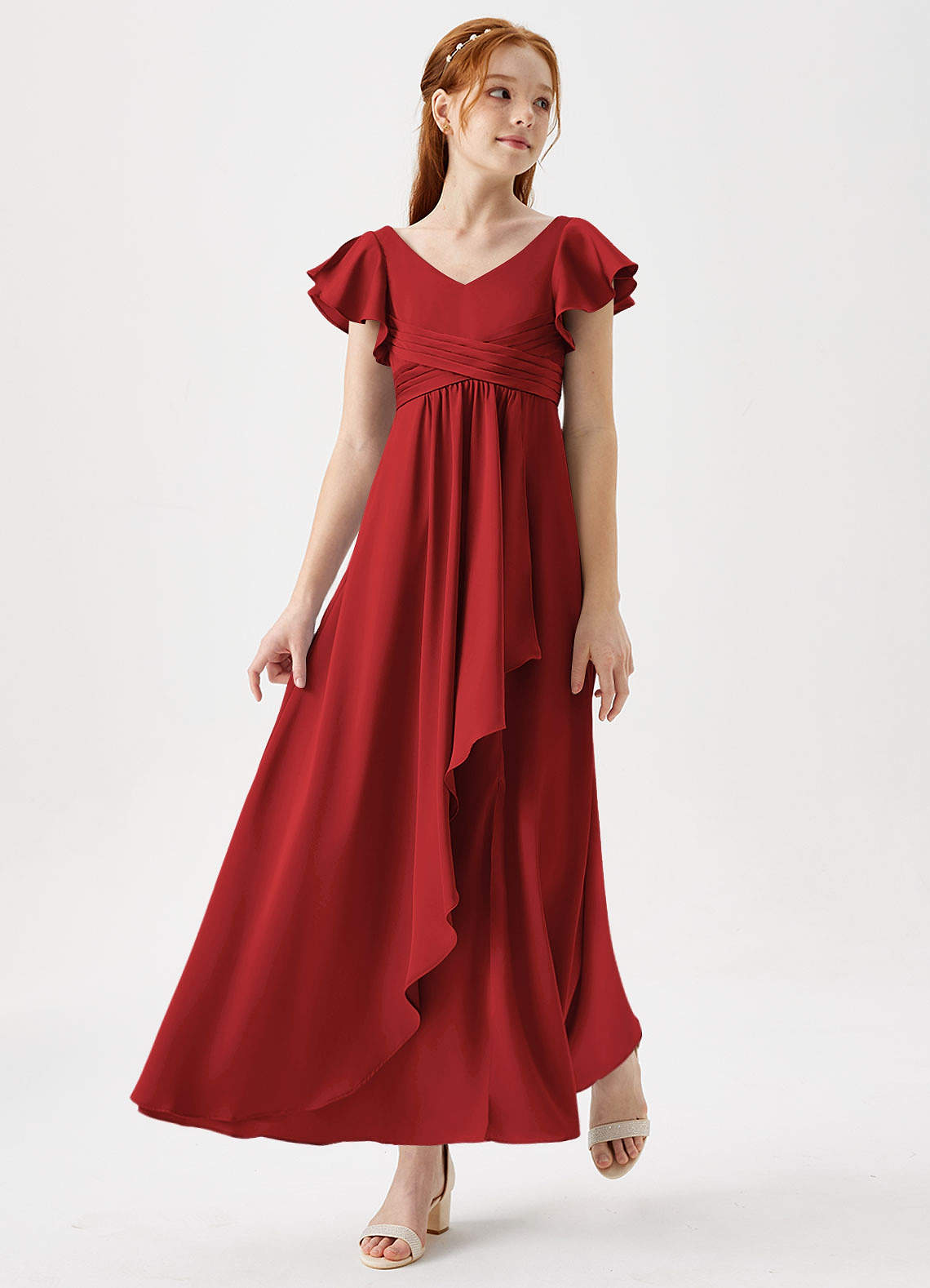 Azazie Omari Junior Pomegranate A-Line Pleated Stretch Satin Dress image1