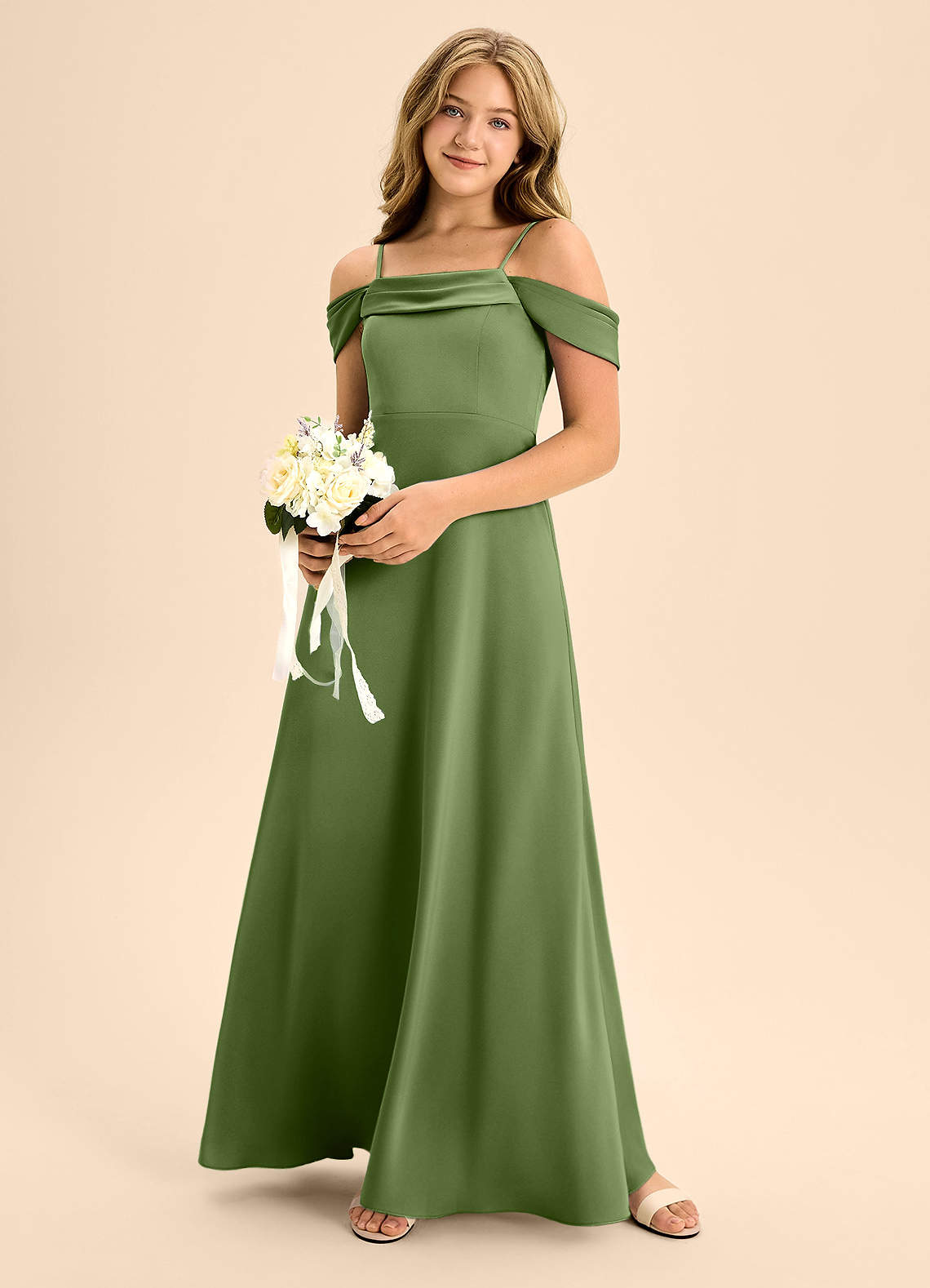 Azazie Anselie Junior Juniper A-Line Off the Shoulder Stretch Satin Dress image1