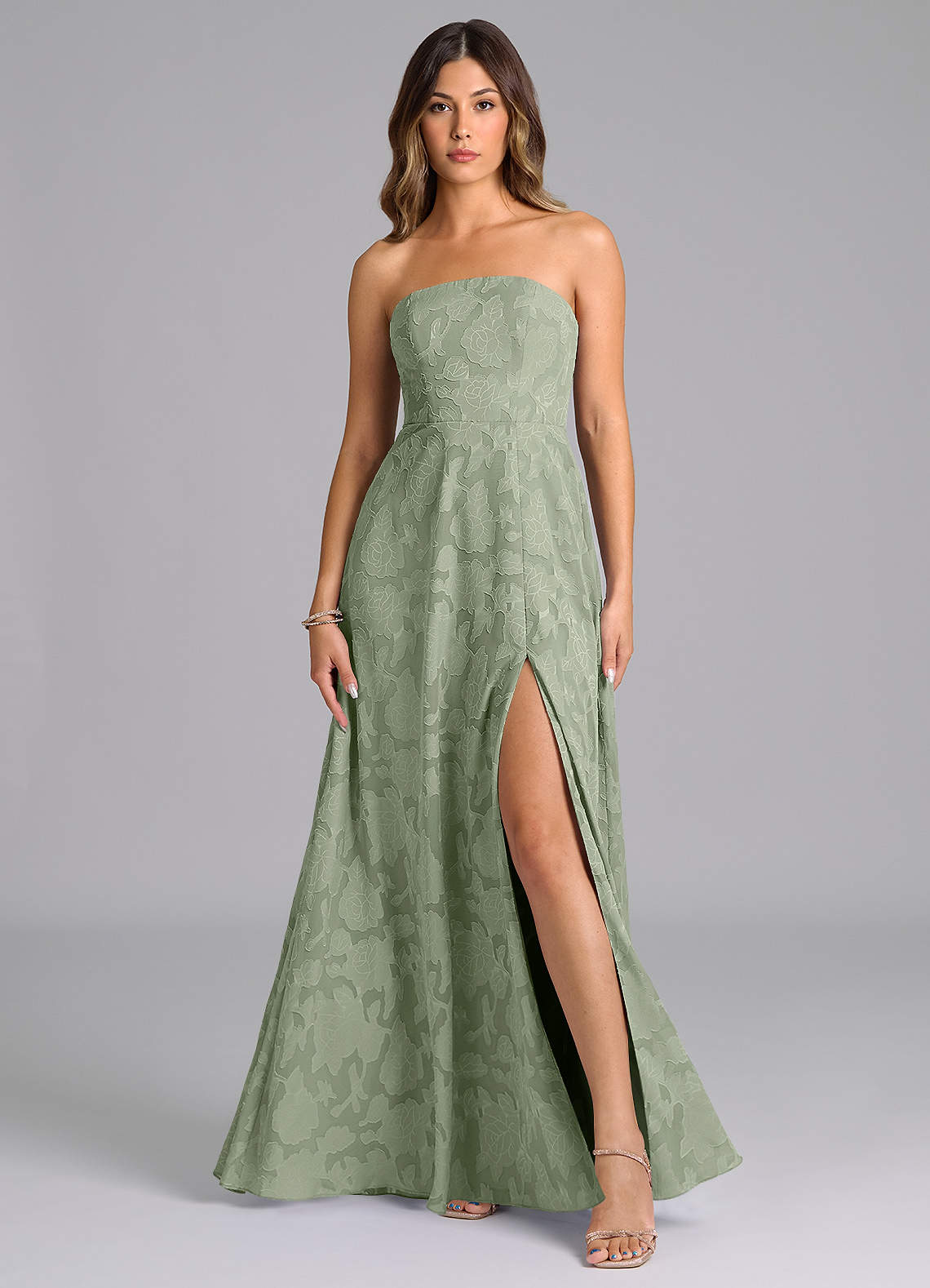 Azazie Wren Bridesmaid Dresses Agave A-Line Strapless Floral Burnout Dress image1