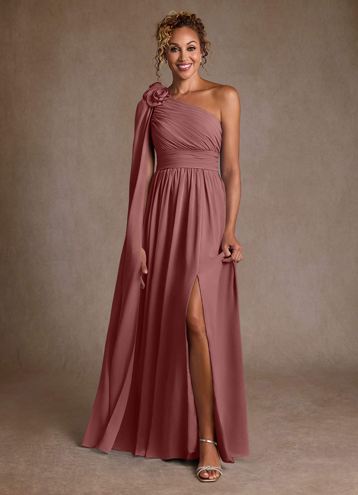 Azazie Lancaster Abiti per la Madre della Sposa Abito A-Line in Chiffon Monospalla Rosa Del Deserto image1