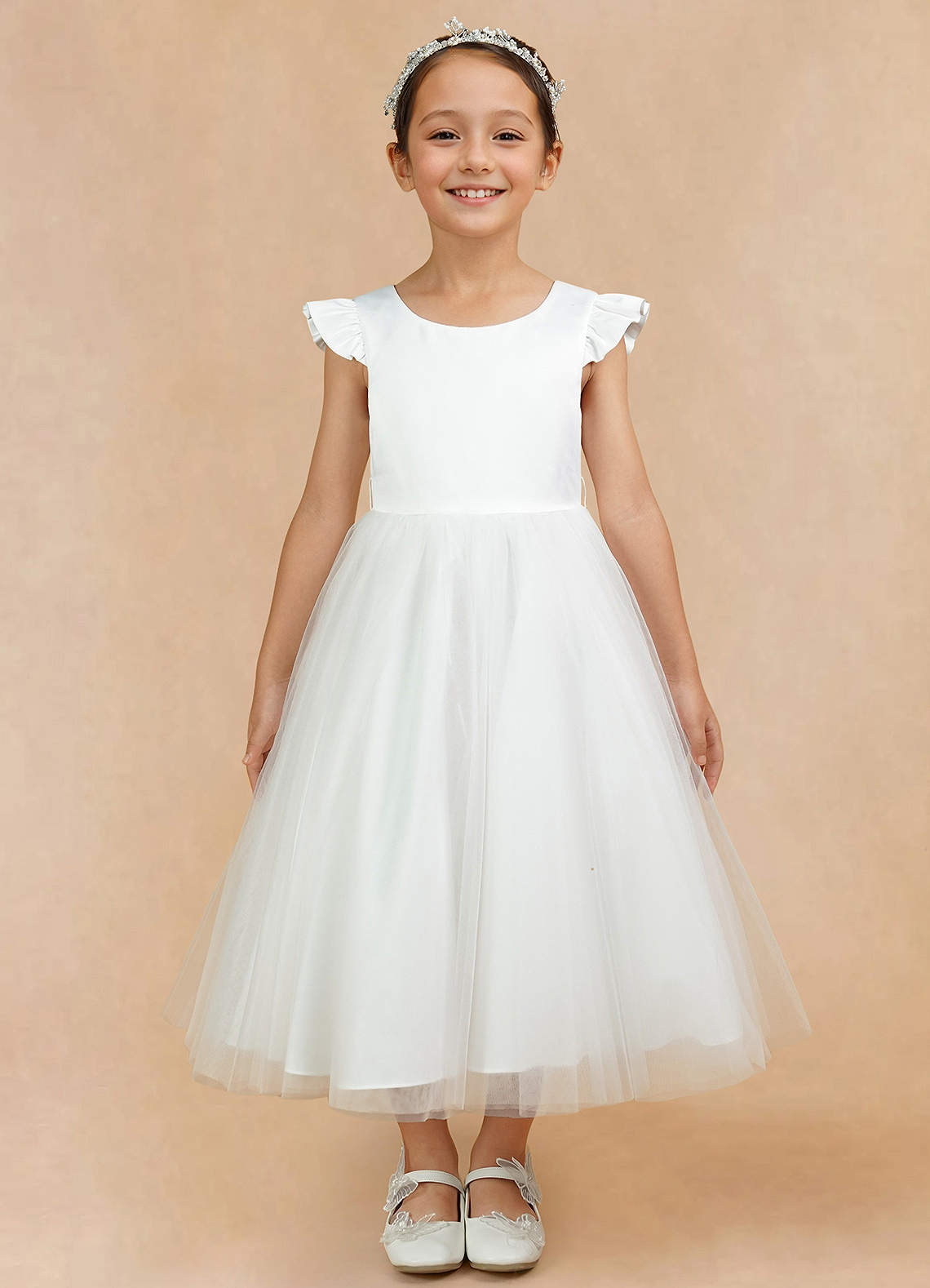 Azazie Hemi Flower Girl Dresses Ivory Pistachio A-Line Bow Tulle Dress image4