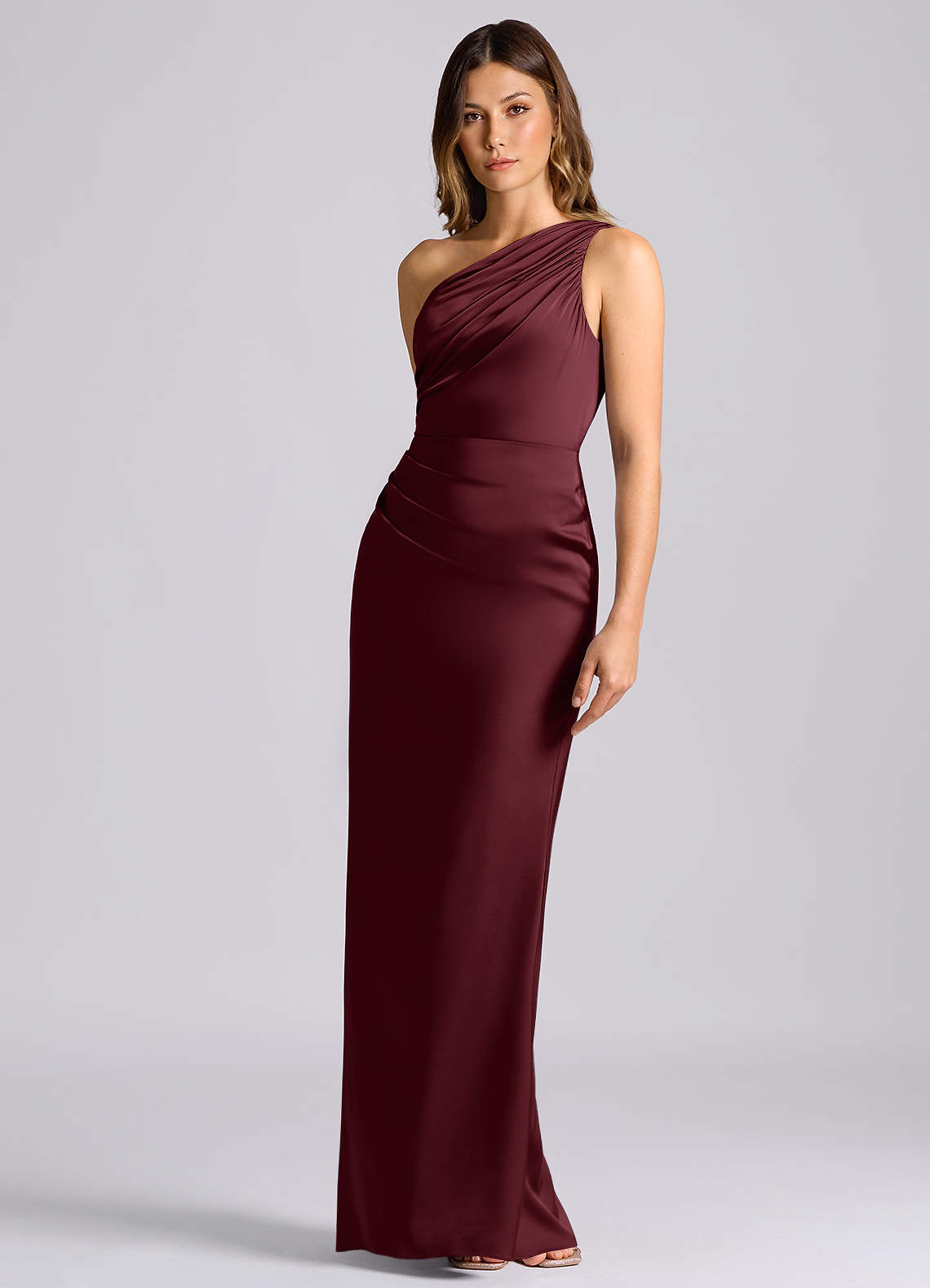 Azazie Akilah Bridesmaid Dresses Cabernet Mermaid One Shoulder Stretch Satin Dress image5