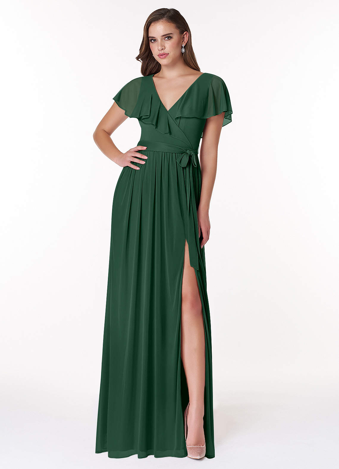 Azazie Jael Vestidos de damas de honor Vestido de Verde Oscuro de Malla de Corte en A con Cuello en V image1