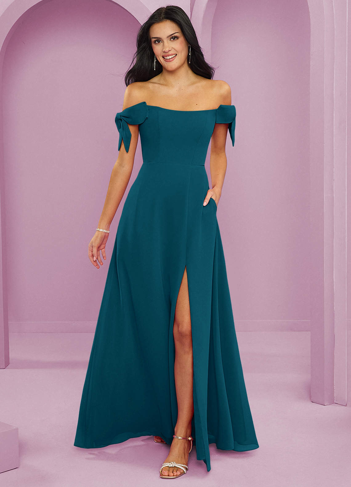 Barbie ♥ Azazie Brautjungfernkleider Wandelbar A-Linie Schulterfrei Chiffon Kleid Tintenblau image1