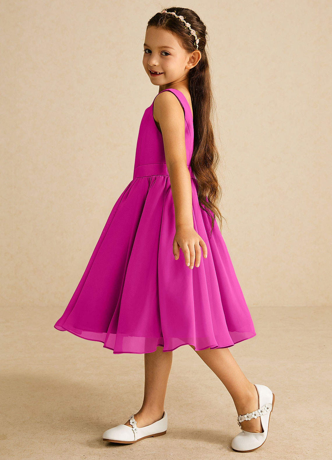Azazie Ari Blumenmädchenkleider A-Linie ärmellos Chiffon Kleid Fuchsia image3