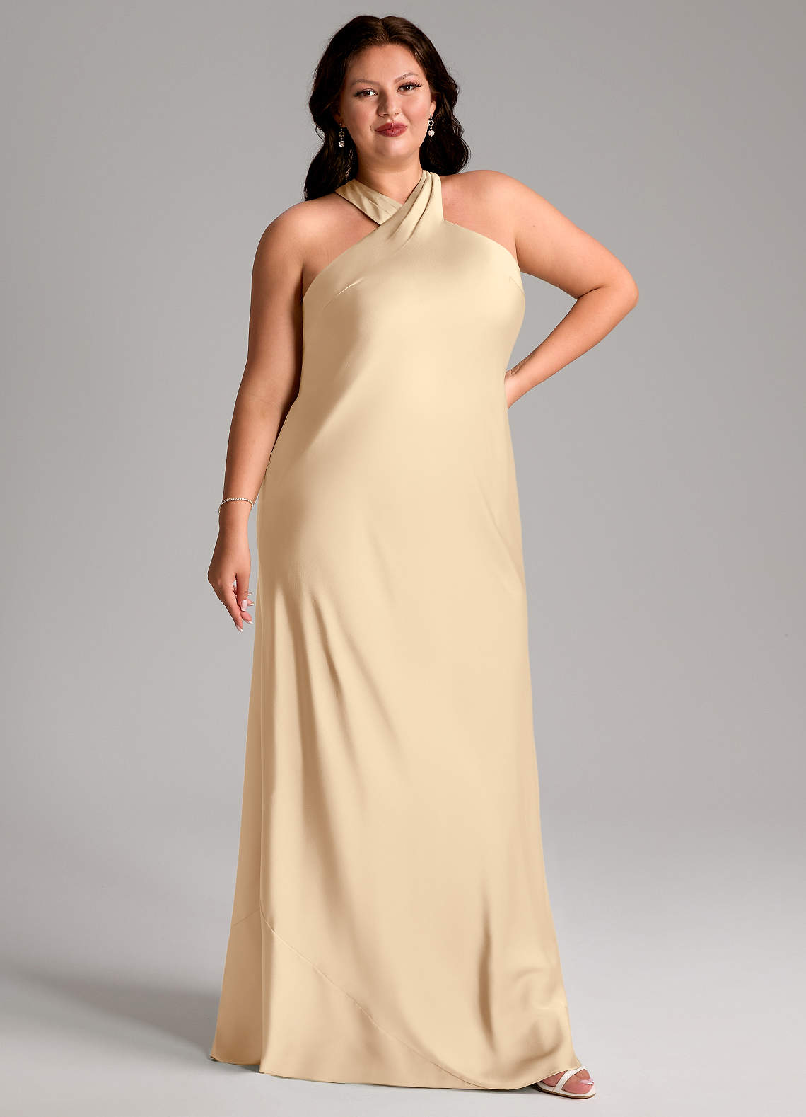 Azazie Doretta Bridesmaid Dresses Champagne Mermaid Pleated Stretch Satin Dress image8