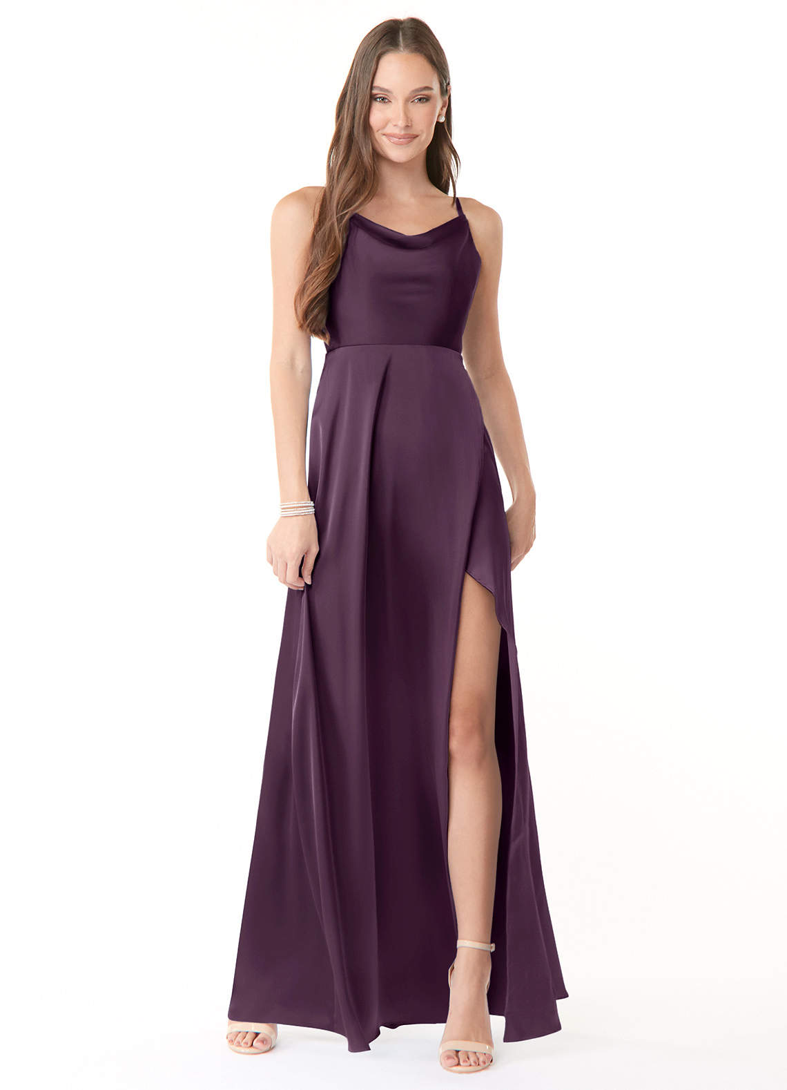 Azazie Naomie Bridesmaid Dresses Plum A-Line Cowl Neckline Side Slit Stretch Satin Dress image1