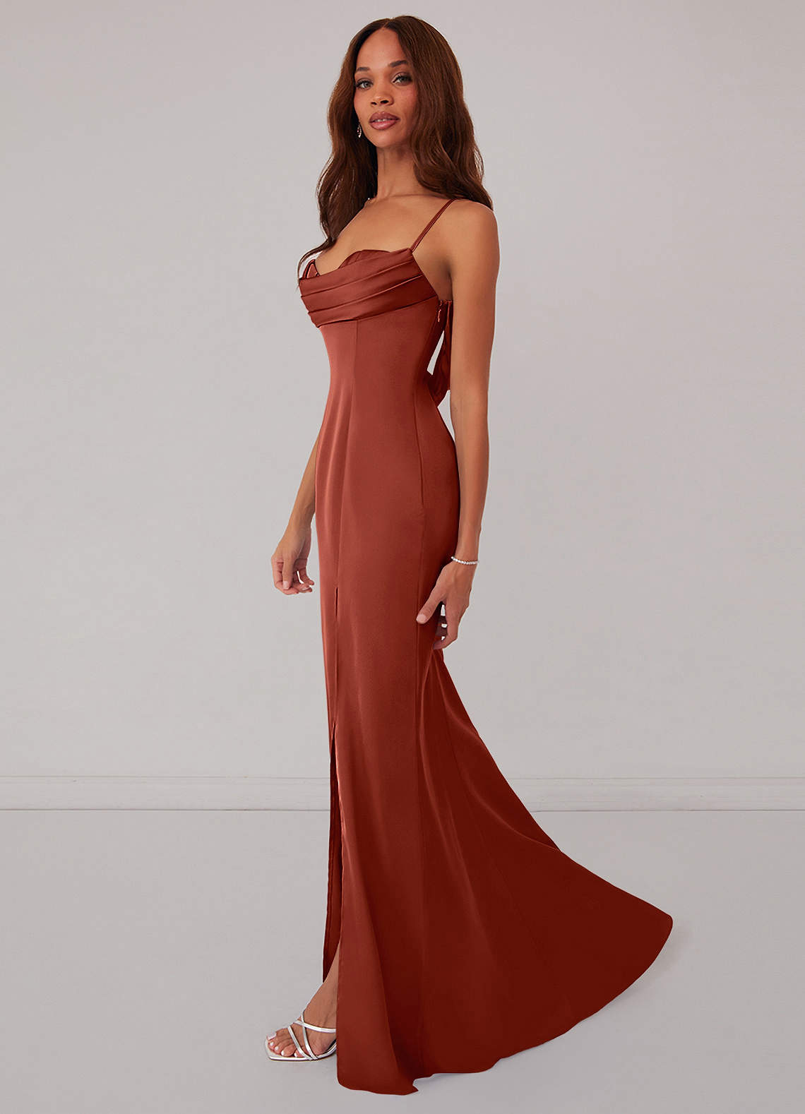Waist Pleated Mermaid Stretch Satin Dress Burgundy
