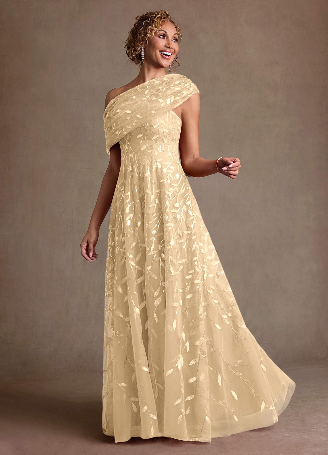 Azazie Sidney Champagne A-Line Off the Shoulder Lace Dress Ready