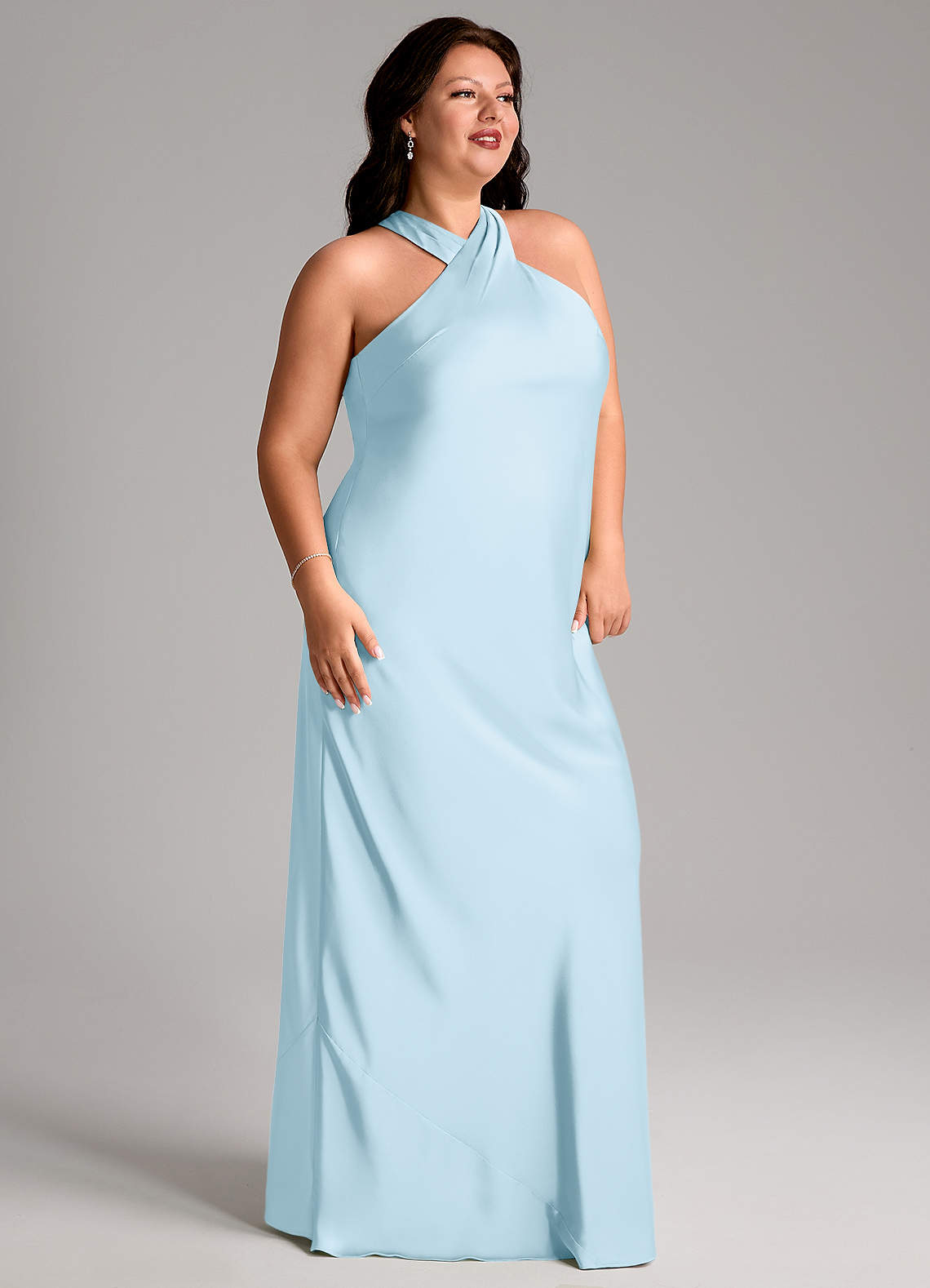 Azazie Doretta Vestidos de damas de honor Vestido de Azul Cielo de Satén Elástico de Corte Sirena con Plisado image7