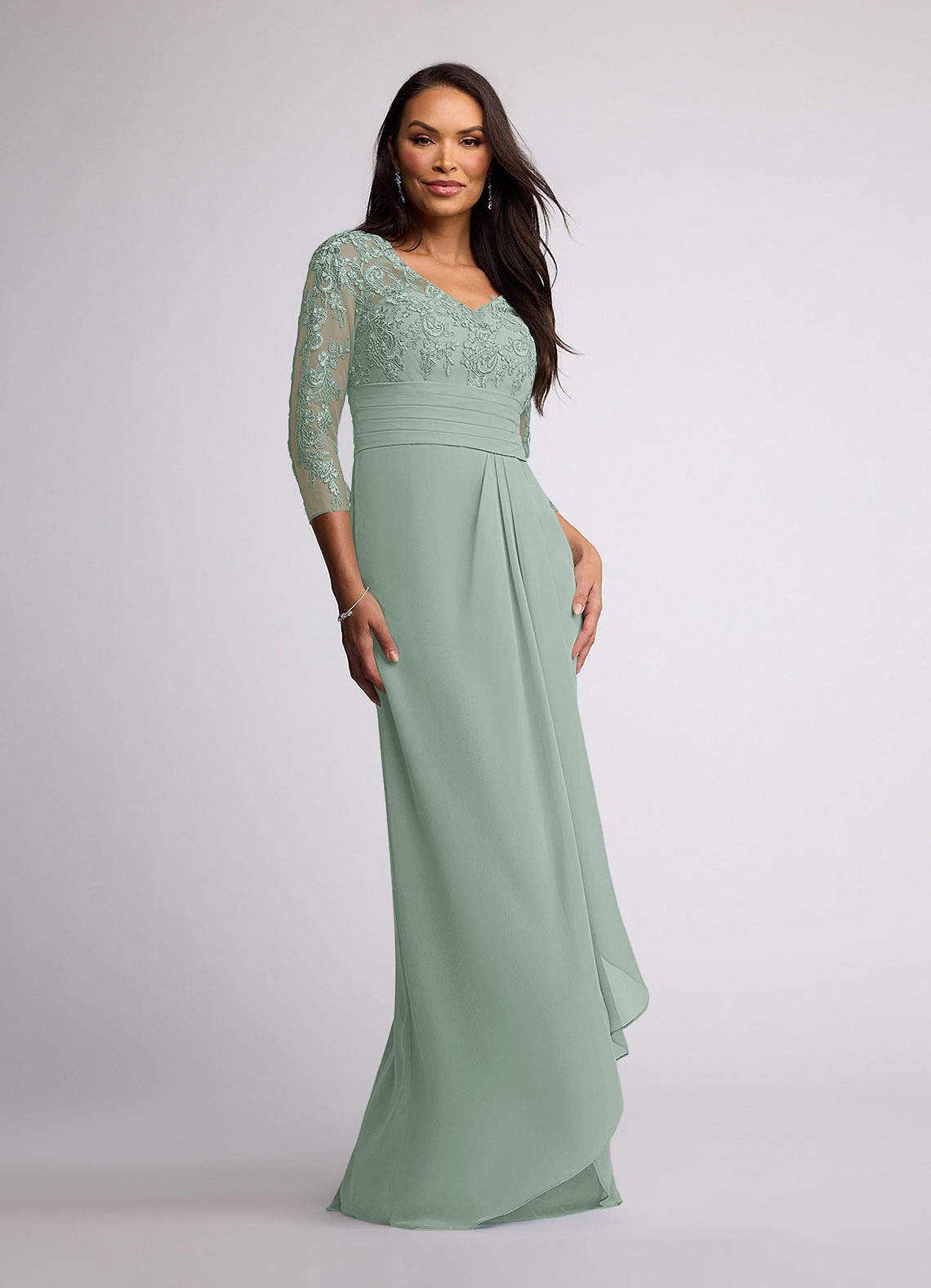 Azazie Joan Agave Sheath V-Neck Lace Chiffon Dress Ready to Ship