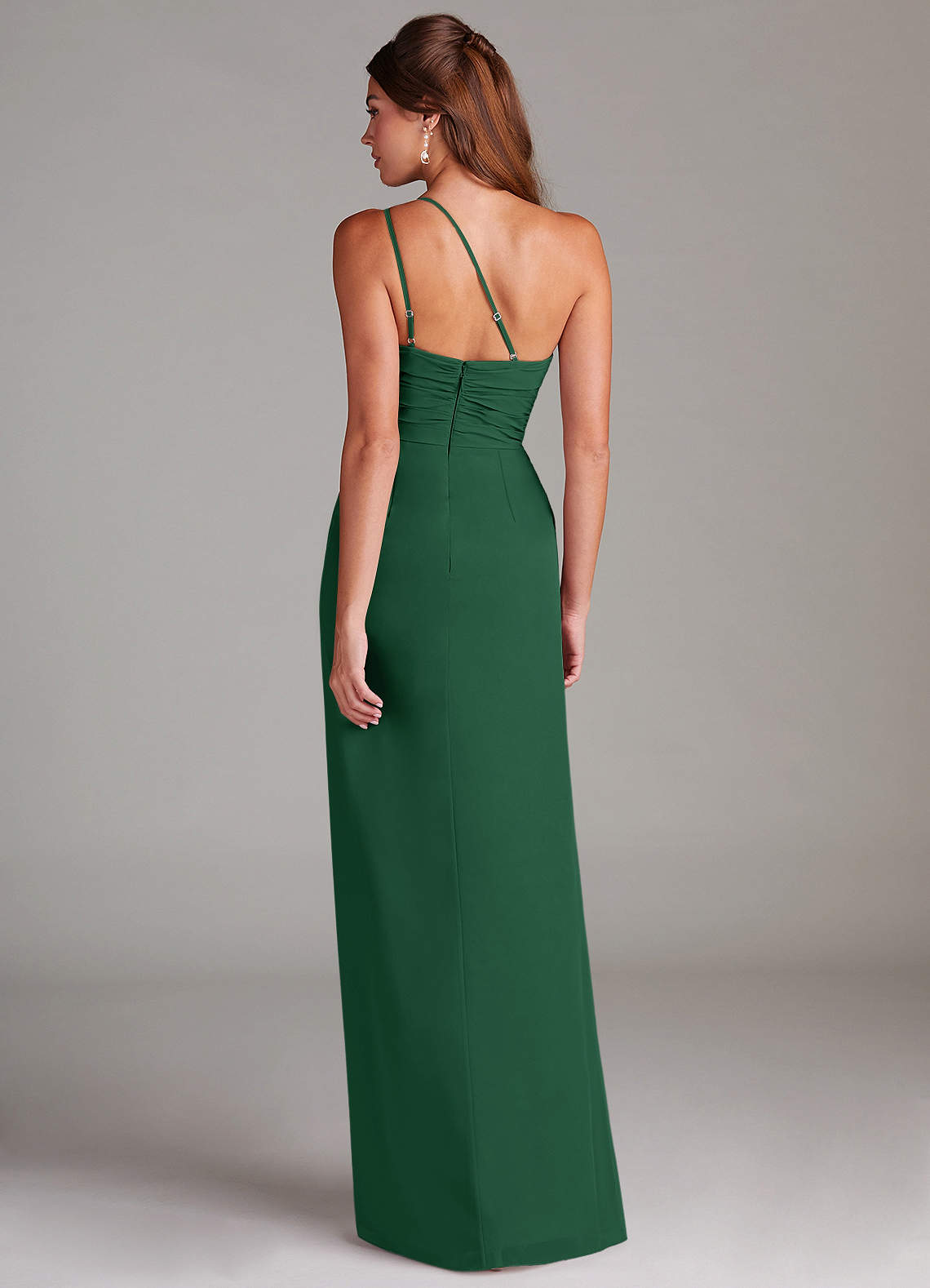 Azazie Eren Vestidos de damas de honor Vestido de Verde Oscuro de Gasa de Corte Recto con Hombro unilateral image6