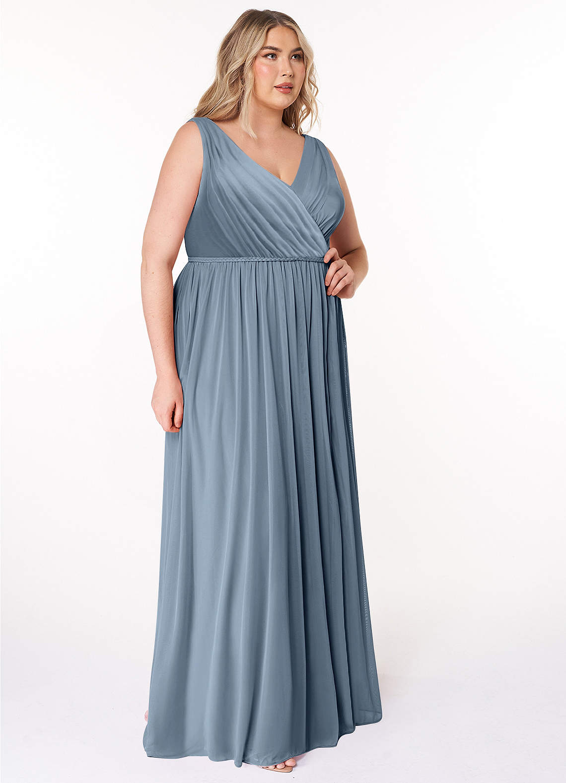 Azazie Tanicia Jurken voor bruidsmeisjes Jurk van Mesh met A-Lijn V-hals geplooid Stoffig Blauw image7
