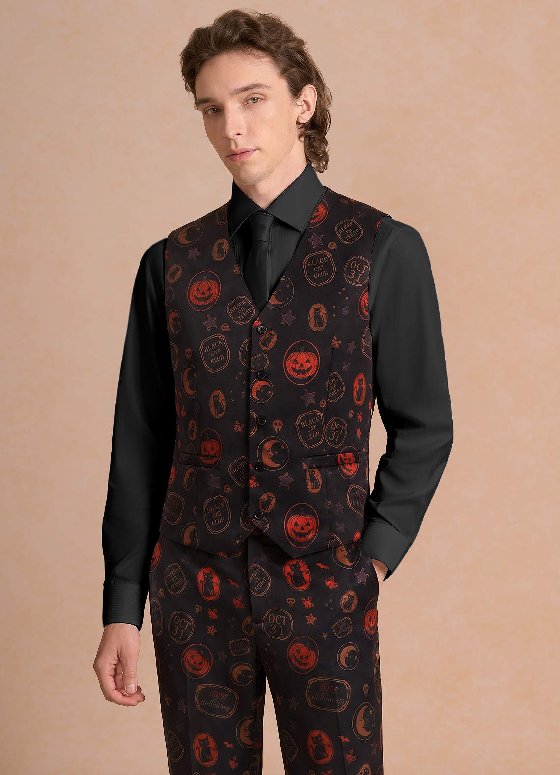 front Caleb Black Vintage Halloween Print Suit Vest