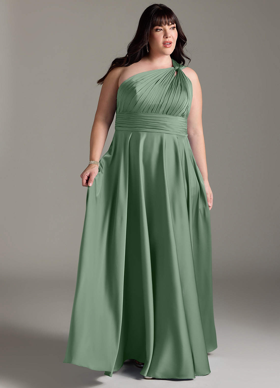 Azazie Charlize Vestidos de damas de honor Vestido de Matcha de Satén Elástico de Corte en A con Hombro unilateral image10