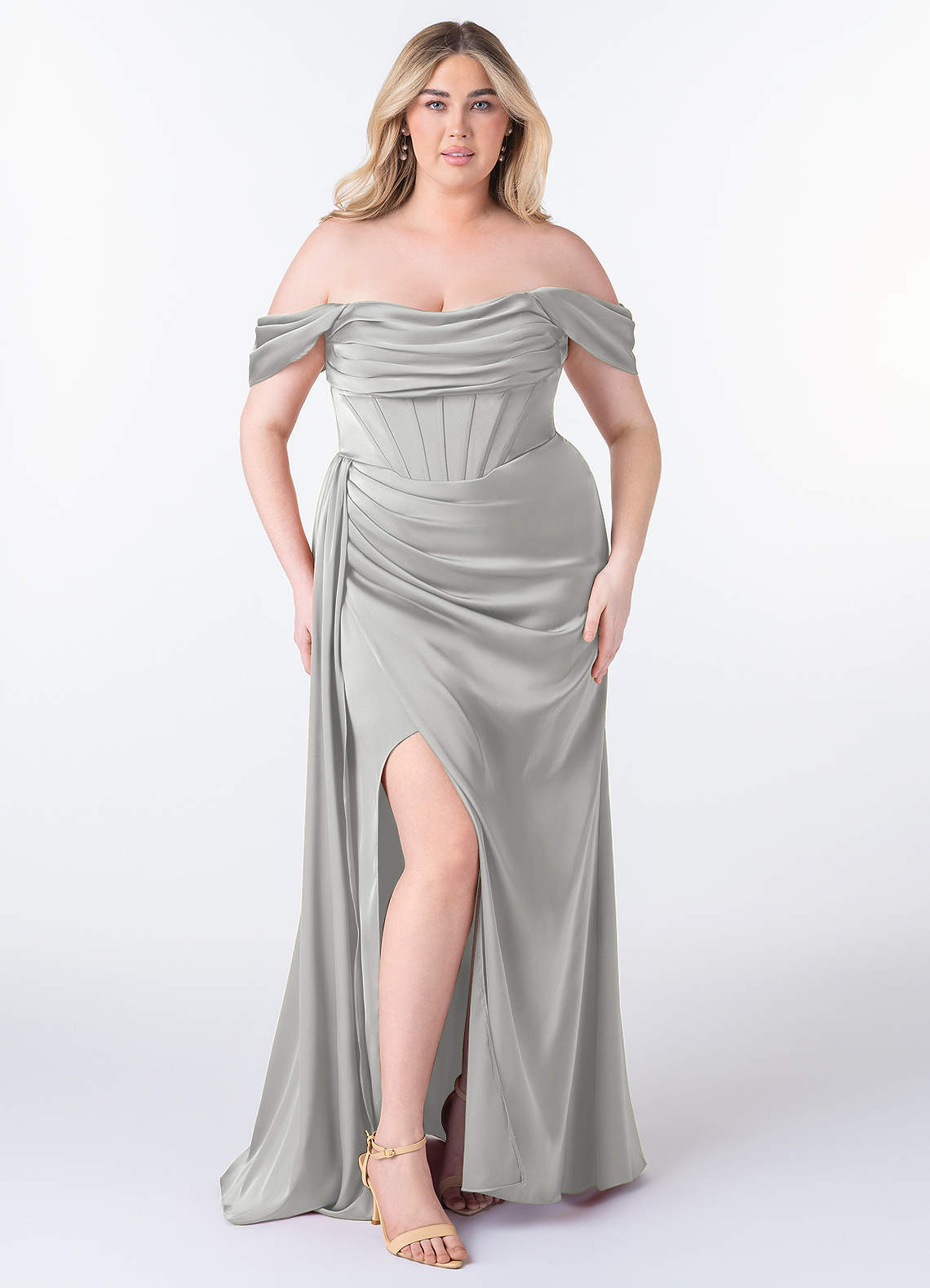 Azazie Amyra Bridesmaid Dresses Silver Sheath Off the Shoulder Stretch Satin Convertible Dress image1