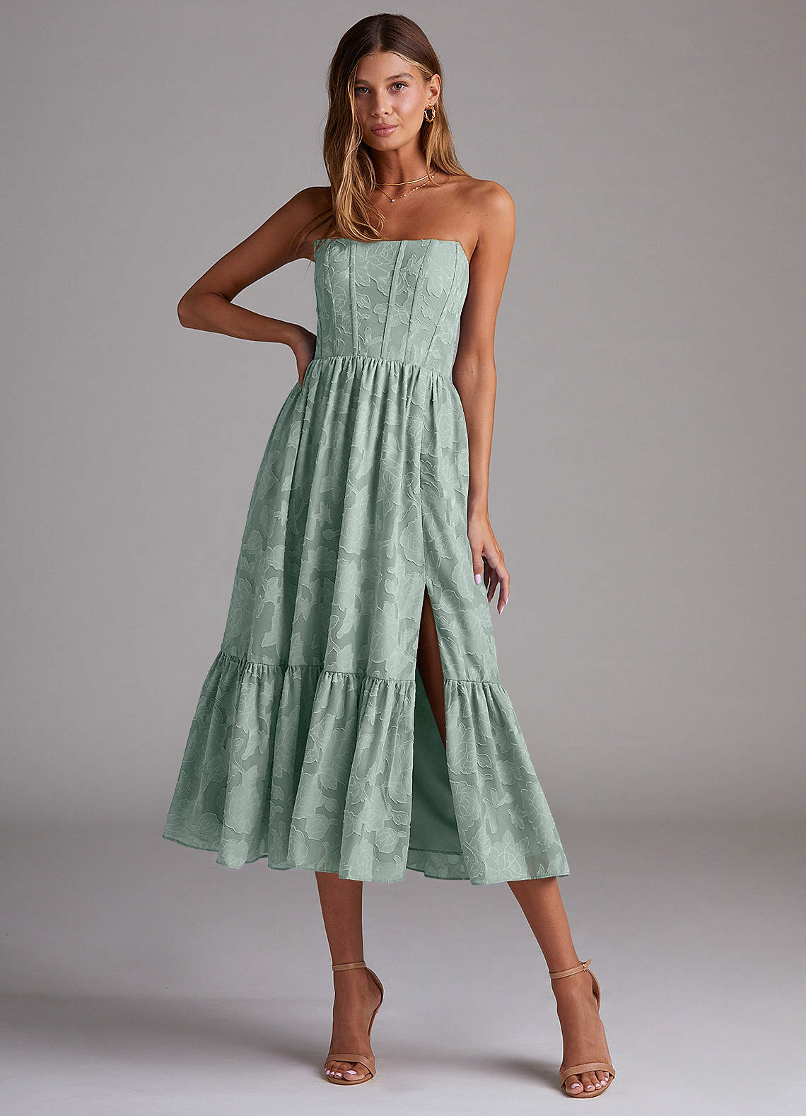 Azazie A-Line Strapless Midi Floral Burnout Bridesmaid Dresses