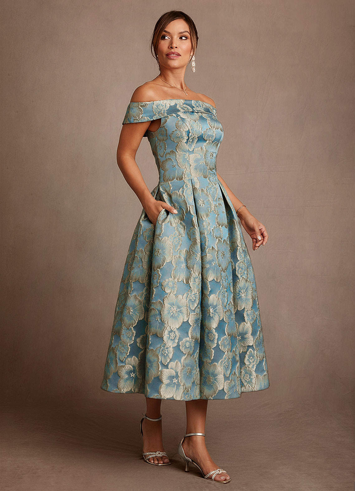 Azazie Centralia Lake Blue Jacquard A-Line Off the Shoulder Floral