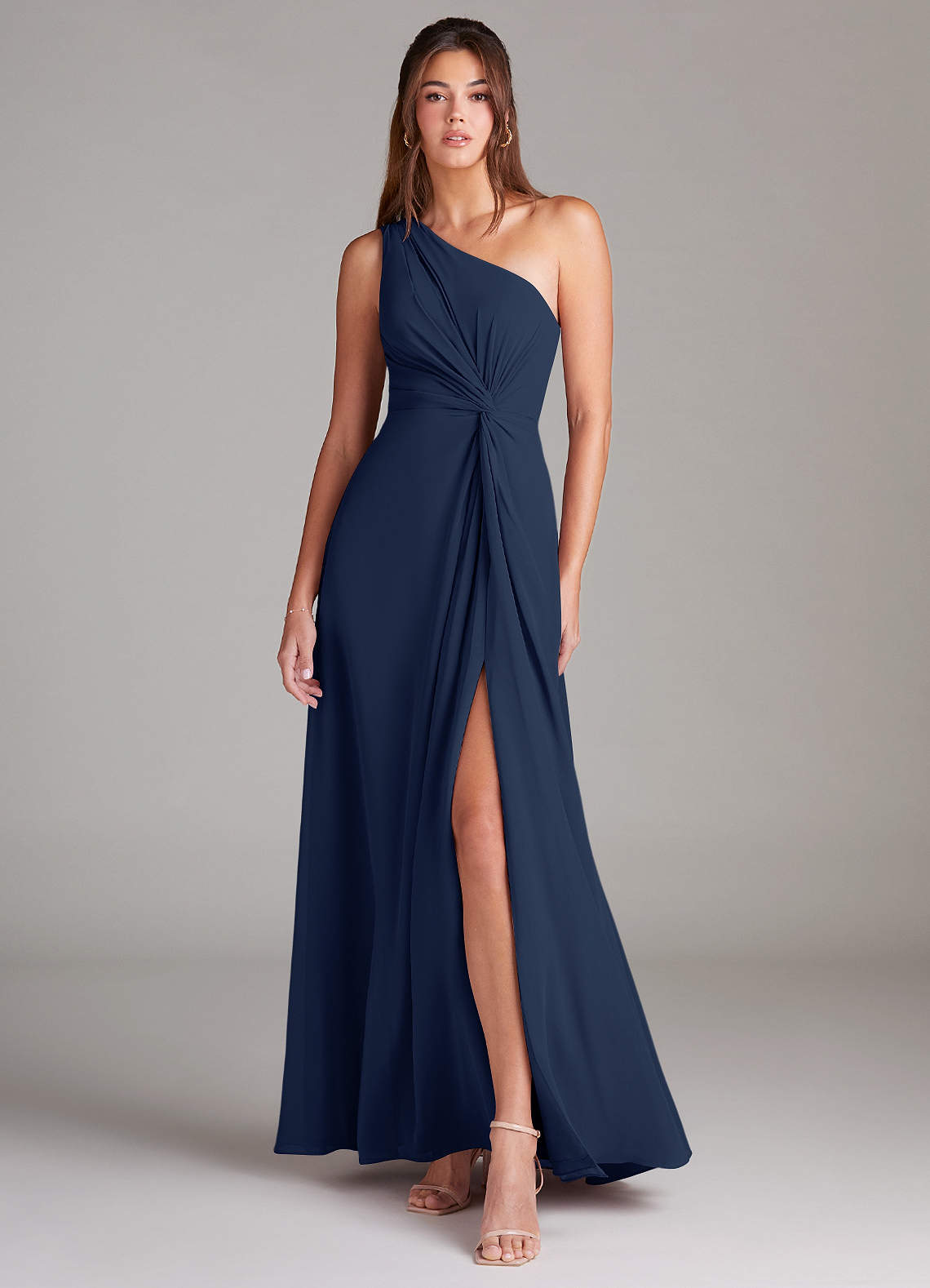 Azazie Brooke Bridesmaid Dresses Dark Navy A-Line One Shoulder Chiffon Dress image1