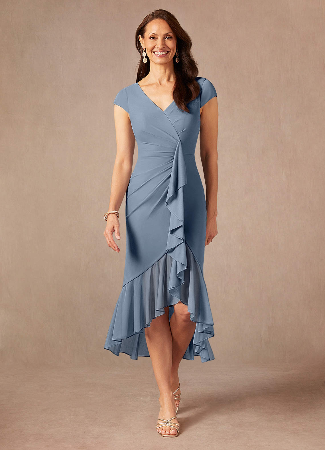 Azazie Renetta Mother of the Bride Dresses Twilight Sheath V-Neck Pleated Mesh Dress image1
