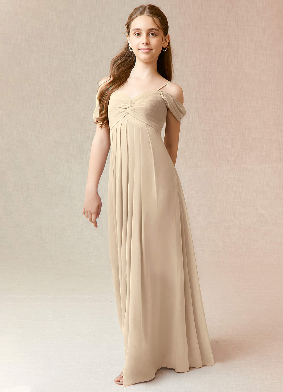 Azazie Kaitlynn Junior Champagne A-Line Off the Shoulder Chiffon Dress image1