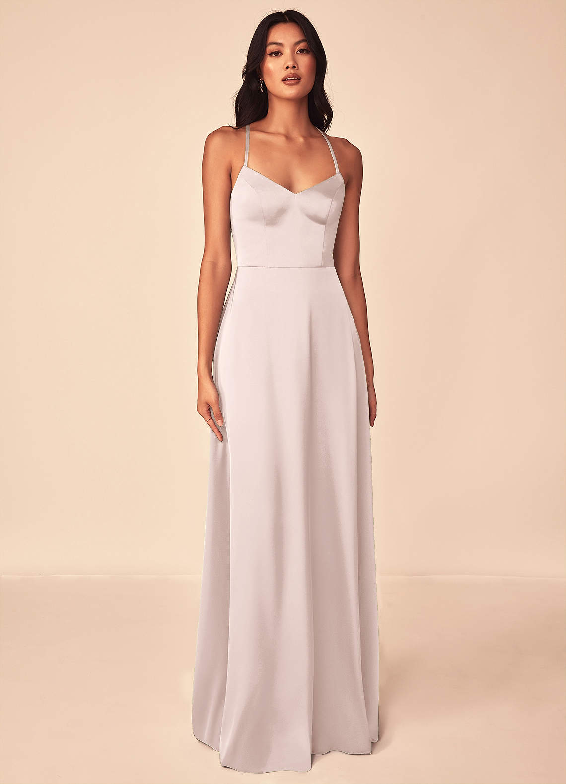 Azazie Mei Bridesmaid Dresses Blushing Pink A-Line V-Neck Stretch Satin Dress image1