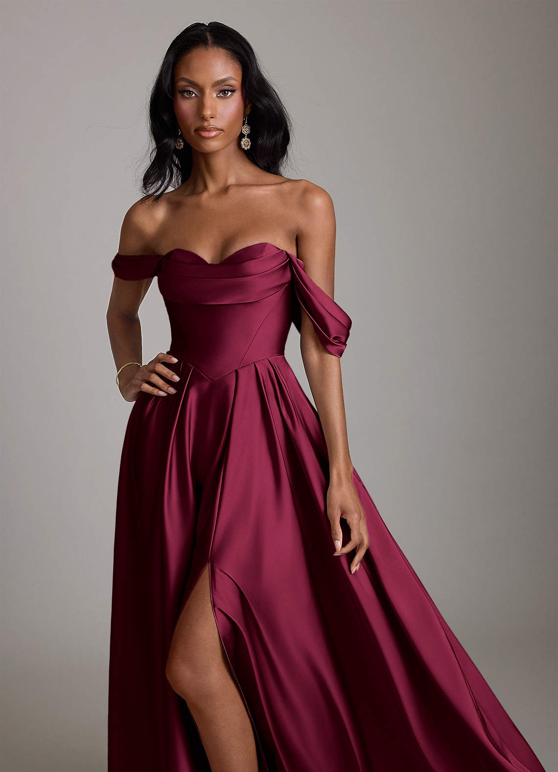 Azazie Loisa Bridesmaid Dresses Burgundy A-Line Off the Shoulder Stretch Satin Dress image4