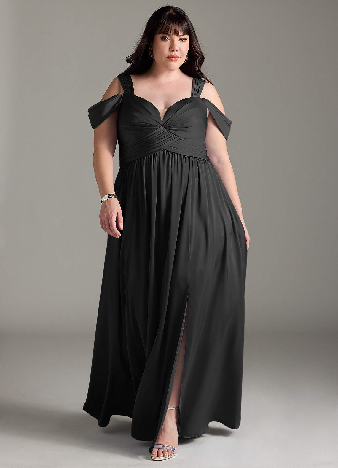 Azazie Lianne Bridesmaid Dresses Black A-Line Off the Shoulder Stretch Satin Dress image1