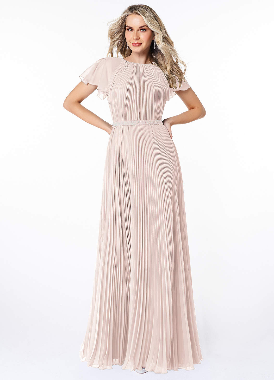 Azazie Kara Modest Bridesmaid Dresses A-Line Pleated Chiffon Floor-Length Dress image1