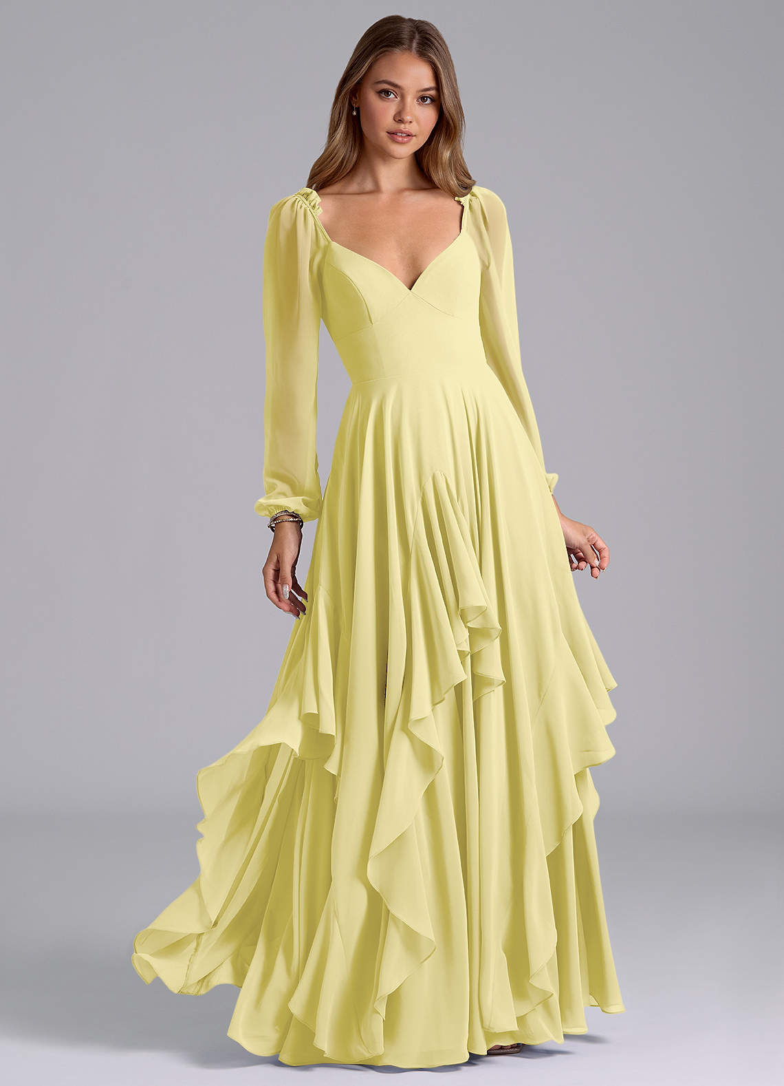 Azazie Karan Bridesmaid Dresses Lemon Sorbet A-Line Long Sleeve Chiffon Dress image1
