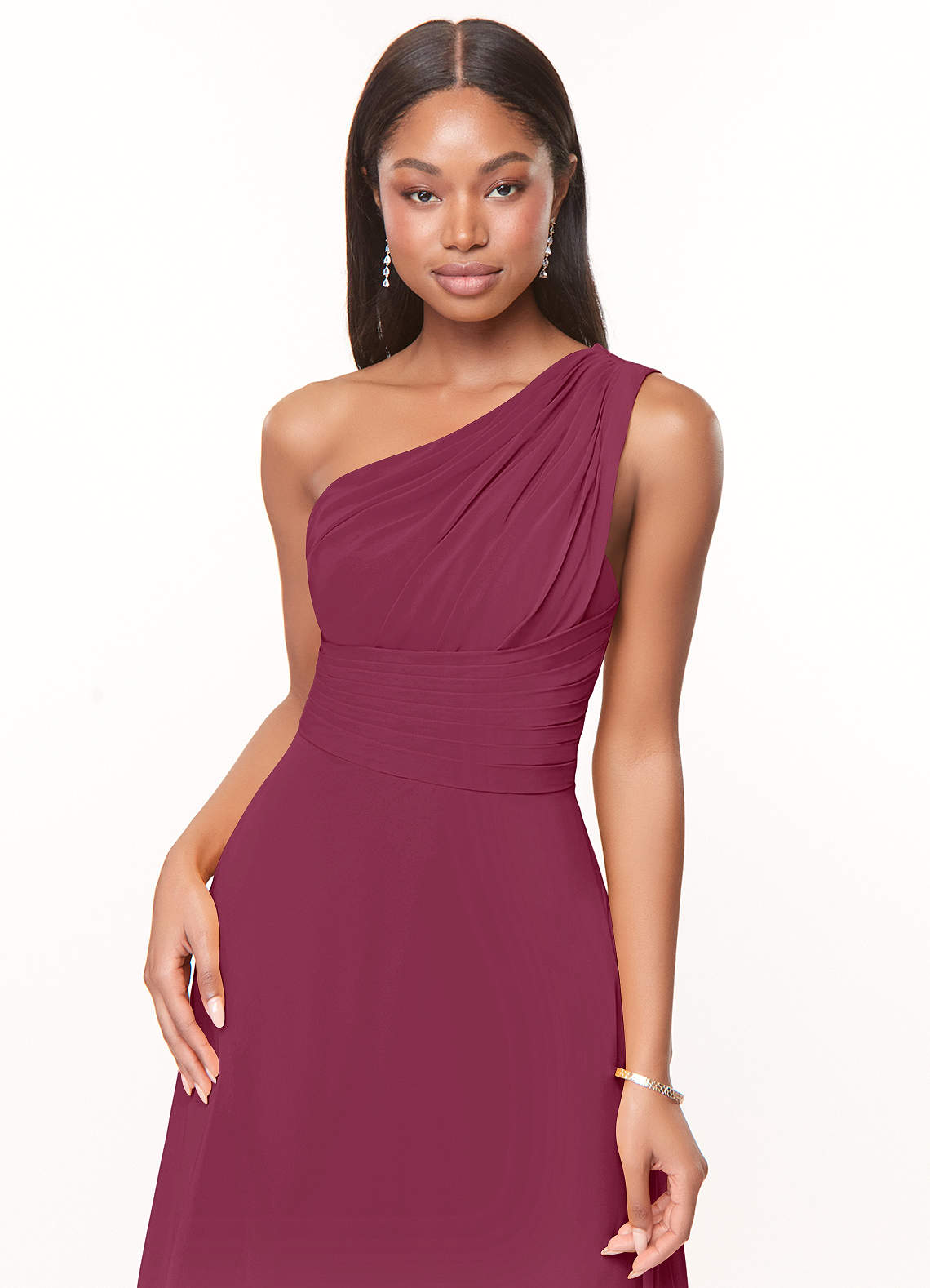 chiffon mulberry bridesmaid dresses V-neck Ruffles Sleeves Chiffon Bridesmaid Dresses with Slit main image 1