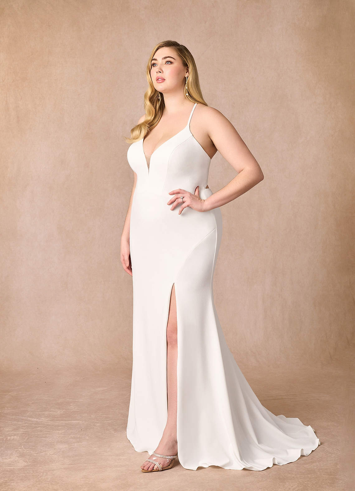 Azazie Iden Wedding Dresses Diamond White Champagne Mermaid V-Neck Stretch Crepe Dress image8