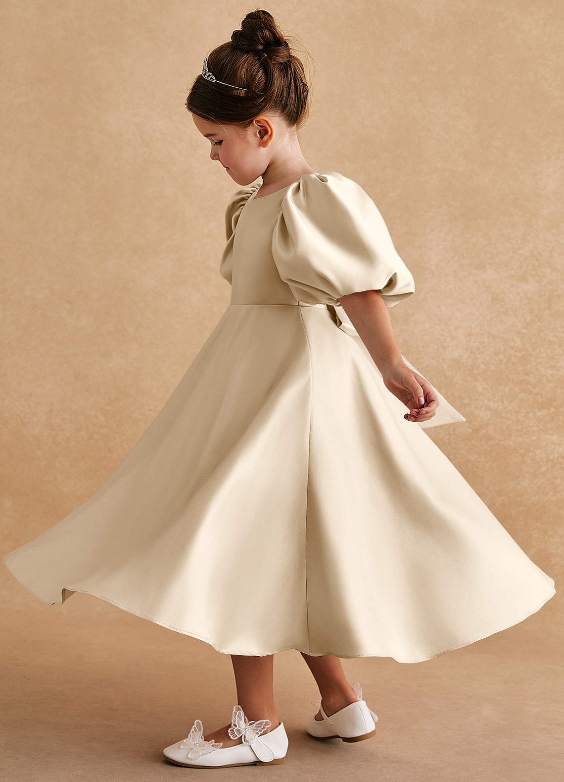Azazie Sugarplum Flower Girl Dresses Champagne A-Line with Sleeves Matte Satin Dress image1