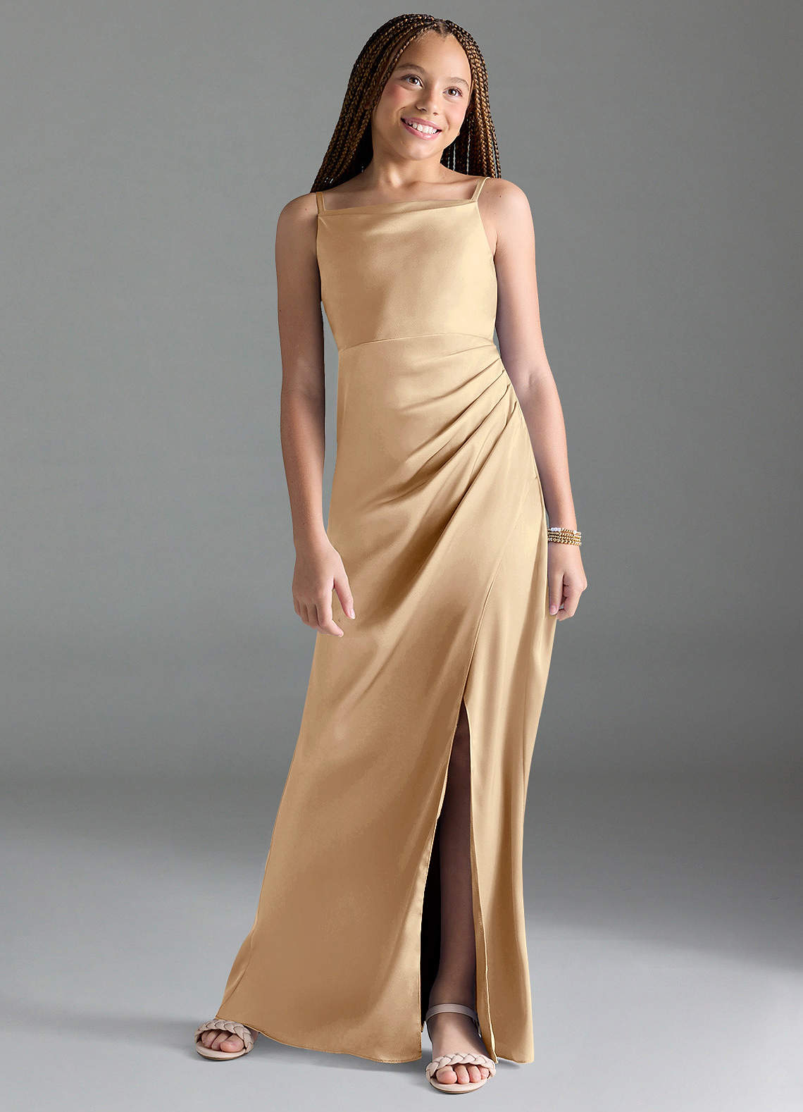 Azazie Leonis Junior Robe Trapèze en Satin extensible Plissée Champagne image1