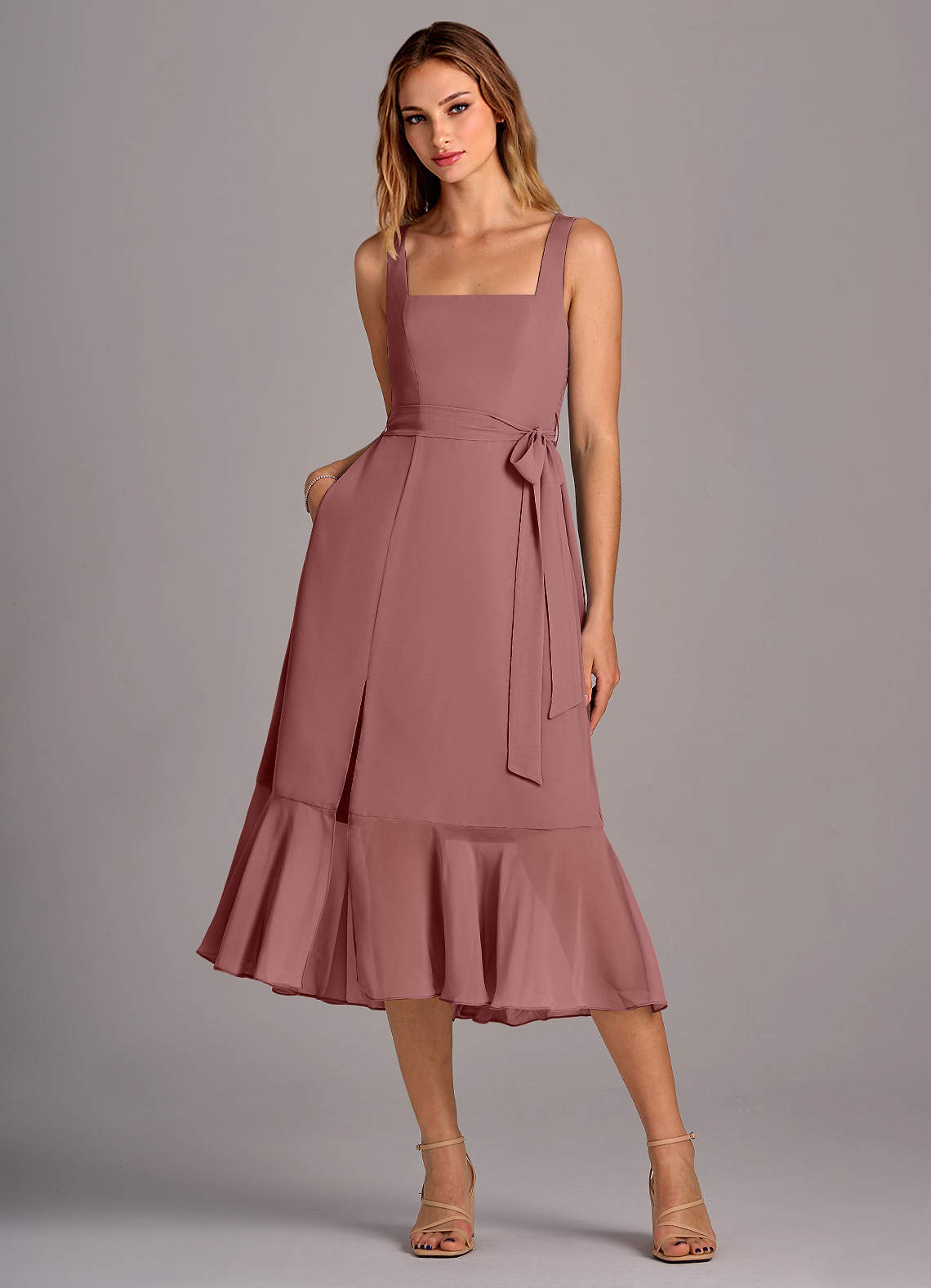 Azazie Deb Bridesmaid Dresses Desert Rose A-Line with Pockets Chiffon Convertible Dress image1